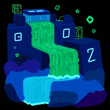 Streams of binary data, represented as glowing green and blue ones and zeros, cascade down a futuristic digital landscape. The data flows like a waterfall, creating ripples in the air as it multiplies and reflects off geometric shapes and structures resembling circuit boards. The background features dark gradients, enhancing the bright colors of the binary streams. Digital grids and glowing nodes intertwine throughout the scene, adding depth and complexity to the environment.
