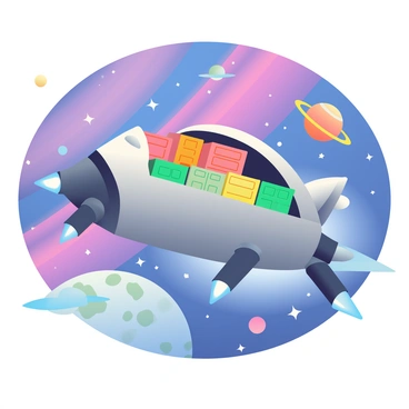 A sleek space shuttle with a metallic silver exterior is in flight through a starry galaxy. The shuttle has prominent thrusters glowing with blue light, propelling it forward. In the cargo bay, various colorful cargo containers are securely stowed, showcasing a mix of green, orange, and yellow hues. Behind the shuttle, a vibrant nebula with swirling shades of purple, pink, and blue can be seen, while distant planets with rings and craters float in the background. The vastness of space is dotted with sparkling stars, creating a dynamic and expansive scene.