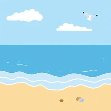 Gentle waves lapping at a sandy shore, creating small splashes as they recede back into the ocean. The water is a vibrant blue, reflecting the sunlight. In the foreground, a few seashells are scattered along the shoreline. A light breeze causes the soft sand to shift slightly, creating small ripples. Above, fluffy white clouds drift lazily in a bright blue sky, conveying a sense of calmness. In the scene, a few seagulls glide gracefully near the water's edge, adding to the serene atmosphere.