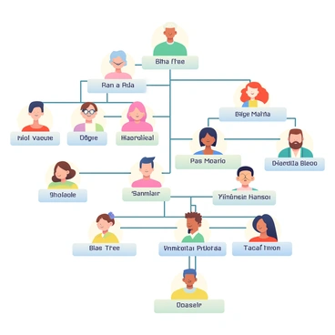 A detailed family tree is displayed, featuring multiple branches representing various family members. Each person is illustrated with distinct traits such as hair color, eye color, and other inherited characteristics. Lines connect the individuals, showcasing their genetic relationships. The tree includes labels for each family member, with names positioned clearly next to their respective illustrations. The background is softly colored to enhance the visibility of the family connections and traits outlined.
