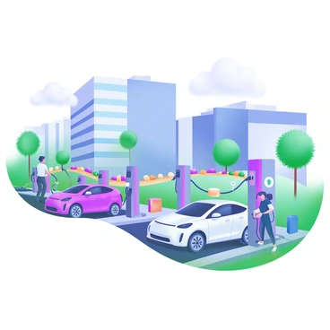 A modern pastel illustration depicting several "EV charging stations" situated within a "bustling office park." In the scene, "business professionals" are seen walking and socializing during the "lunch hour," some are carrying "lunch boxes" or "coffee cups." The office buildings in the background are "modern" with "large glass windows" and "green landscaping" surrounding them. Bright "green trees" and "flower beds" add color to the environment. The charging stations are designed with "sleek lines" and are equipped with "charging cables" connected to "electric vehicles" parked nearby. A "blue sky" with few fluffy clouds above completes the vibrant atmosphere.