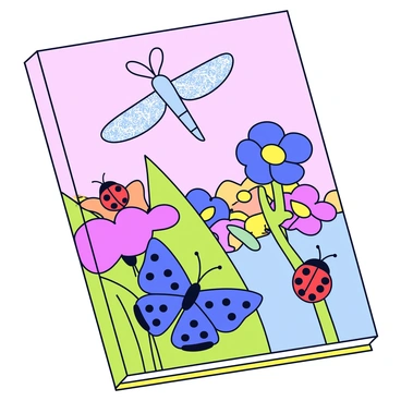 A book cover featuring a magical garden with oversized insects. In the foreground, there is a bright blue butterfly with large, patterned wings resting on a vibrant green leaf. Nearby, a red ladybug with distinct black spots crawls along a stem of a large, colorful flower. In the background, an enormous dragonfly with shimmering wings hovers above a patch of multicolored blossoms. The sky is a soft pastel hue, adding to the whimsical atmosphere of the garden.