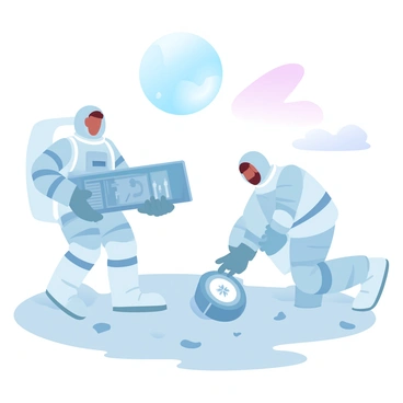 Two astronauts in space suits are positioned on the surface of the moon. One astronaut is holding a large, open toolbox filled with various scientific instruments. The other astronaut is carefully placing a compact, high-tech device onto the lunar regolith. In the background, a distant Earth is visible, providing a striking contrast to the grey landscape. The sky above is filled with a gradient of deep space colors transitioning from dark to lighter shades. Small rocks and craters dot the lunar surface around the astronauts as they work diligently.