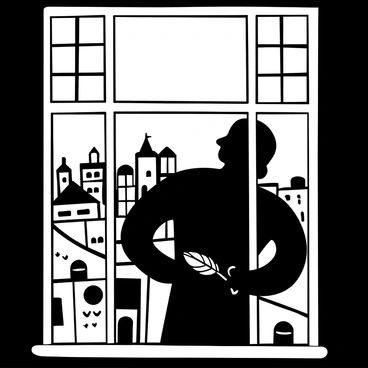 A silhouette of Cyrano standing in profile, framed by a large window. The cityscape outside is detailed with various buildings, rooftops, and distant outlines of structures. The window panes are distinctly divided, accentuating the silhouette. "Cyrano" is holding a feather quill in one hand, while the other hand rests on the window frame. The scene captures the contrast between the darkness of the silhouette and the intricate details of the cityscape behind it.
