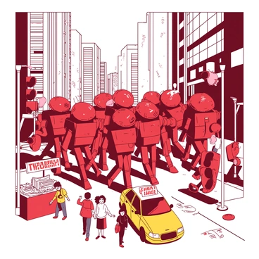 A group of red retro robots, each with shiny metallic surfaces and distinct geometric shapes, is marching through a bustling city. The robots have blinking lights and mechanical arms, swinging as they move. The streets are filled with surprised pedestrians, some with their hands in the air, while others are taking photos. In the background, tall buildings made of glass and steel reflect the chaos unfolding below. A yellow taxi cab is overturned on the street, and a newspaper vendor's stand is scattered with papers. Smoke rises from a damaged traffic light, adding to the scene of disorder.