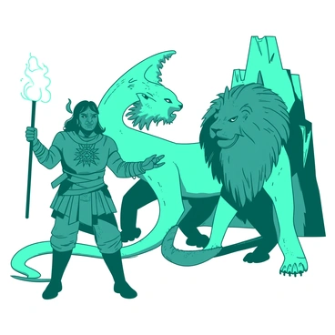 A teal tamer stands confidently with a commanding posture, facing a fierce mythical beast. The beast, a fearsome chimera, has the body of a lion, the wings of a dragon, and the tail of a serpent. The chimera's scales glisten in shades of blue and teal, showcasing its powerful presence. The tamer wears a rugged outfit adorned with various symbols of power and control. In one hand, the tamer holds a glowing staff, while the other hand is raised in a gesture of command. The background features a rocky landscape with jagged cliffs, enhancing the dramatic encounter between the tamer and the mythical beast.