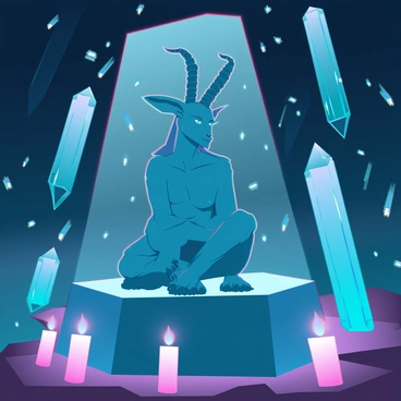 A detailed figure of Baphomet seated on an ancient stone altar inside a dimly lit cave. The cave is filled with sparkling crystal formations, reflecting light in various directions. Baphomet has a humanoid body with goat-like features, including curved horns and an enigmatic expression. The shadows cast by the crystals create a mystical atmosphere, accentuating the contours of Baphomet's form. Surrounding the altar are scattered candles, flickering softly and adding to the overall ambiance of secrecy and contemplation.
