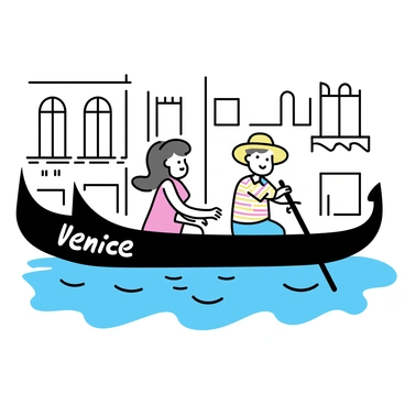 A couple is sitting in a gondola, gently gliding through the canals of Venice. The man, wearing a striped shirt and a straw hat, is holding the oars. The woman, with flowing hair, is wearing a red dress and smiling at him. The gondola is surrounded by historic buildings with colorful facades reflected in the water. Soft shadows cast by overhanging balconies create intricate patterns on the surface of the canal. "Venice" is elegantly written on the side of the gondola.