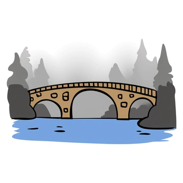 A stone bridge with a weathered surface and intricate arches extends across a calm river. The bridge is partially obscured by thick fog, creating a sense of mystery. The river below reflects the muted colors of the foggy atmosphere. The surrounding landscape is filled with silhouettes of distant trees, their outlines faint against the dense fog. The scene conveys a tranquil and serene ambiance, with the soft light filtering through the mist.