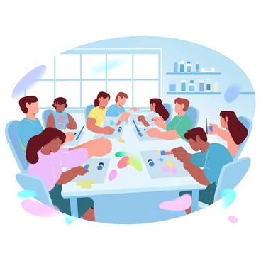 A group of children is gathered around tables in an art classroom. Each child is focused on their own canvas, using brushes to apply vibrant colors in various patterns and shapes. The children are dressed in playful, colorful smocks that protect their clothes. Brightly colored paint splatters can be seen on the tables and the floor. Sunlight streams in through large windows, illuminating the scene with a warm glow. In the background, there are shelves filled with art supplies, including paint tubes, brushes, and various papers. The atmosphere is filled with a sense of creativity and joy.
