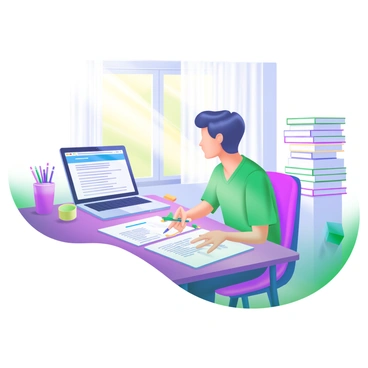 A student sitting at a wooden desk, diligently filling out forms for college applications. The student is focused, with a pencil in hand and several sheets of paper spread out on the desk. A laptop is open, displaying a college website. There are a few colorful sticky notes and a cup filled with pens on one side of the desk. Sunlight streams in through a nearby window, illuminating the scene. A stack of books is visible in the background, indicating a study environment.