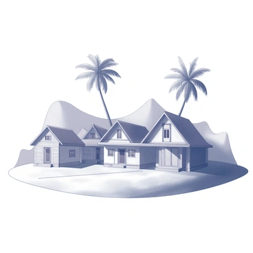 A small village on a tropical island. The scene includes several houses with varied architectural designs, featuring distinct shapes and sizes. The houses are adorned with intricate details and have windows that reflect the sun. Tall palm trees rise in the background, their leaves swaying gently. The village is set against a backdrop of rolling hills, and there is a sandy pathway that meanders through the village, connecting the homes.