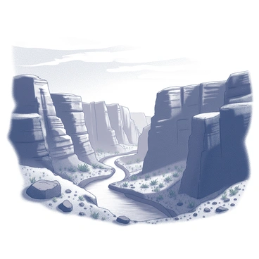 A canyon with steep walls, showcasing intricate layers of rock that have been shaped over millennia. The rock formations exhibit a variety of textures and patterns, indicating the different geological eras. The bottom of the canyon features a winding river, glistening as it flows through the rugged terrain. Surrounding the canyon are scattered boulders and patches of sparse vegetation, highlighting the harsh environment. The sky above is vast and open, with wispy clouds drifting by.