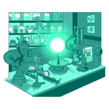 A teal laboratory filled with intricate machinery featuring a variety of shining dials and levers. The machinery is composed of numerous interconnected parts, each clearly defined, reflecting light in a way that highlights their metallic surfaces. Various gauges are positioned on different levels, with some displaying intricate markings. In the background, there are shelves lined with glass jars filled with colorful liquids, and a large, glowing orb sits at the center of the workspace, casting diffuse light across the scene.