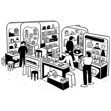 An open-air market with stalls displaying antique furniture and collectibles