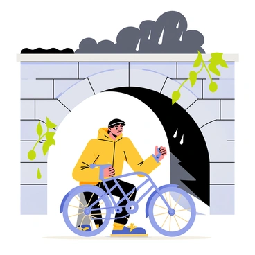 A traveler with a yellow raincoat is crouched under a large stone bridge, working on a blue bicycle. Raindrops are falling around them, creating small puddles on the ground. The traveler holds a wrench in one hand and examines the bike's gears with a focused expression. The bridge's arch looms overhead, with green vines creeping along the stonework. Dark clouds gather above, filled with rain, while a few beams of light break through, illuminating the scene.
