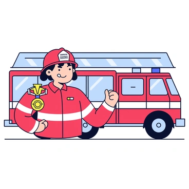 A firefighter wearing a bright red uniform, complete with a helmet, is holding an "MVP medal" proudly in one hand. The firefighter has a determined expression on their face. Beside them is a fire truck, painted in vibrant red with reflective stripes along the sides. The fire truck has large wheels and an extended ladder on top. The background features a clear blue sky.