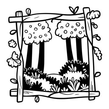 A frame made of twigs and leaves, holding a vivid photograph of a dense forest scene