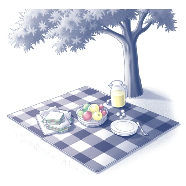 A checkered blanket is laid out on the grass, creating a vibrant surface for a picnic. The blanket is adorned with a variety of food items, including sandwiches neatly arranged, a basket filled with fresh fruits, and a pitcher of lemonade. Nearby, a couple of plates and utensils are placed for convenience. A large, leafy tree provides shade, its branches creating an inviting atmosphere. Sunlight filters through the leaves, casting dappled patterns on the blanket and food.