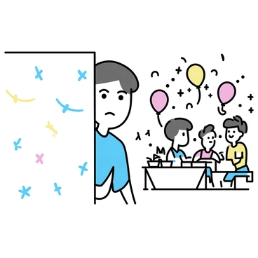 A person with short brown hair is peeking out from behind a partially drawn curtain. Their wide eyes express curiosity and shyness. The background shows a lively party scene with colorful balloons and streamers. Several guests are visible, engaged in cheerful conversations and laughing. A table is set up with snacks and drinks. The person’s clothing is casual, featuring a light blue shirt. The curtain is a soft fabric, with a pattern of small floral designs.