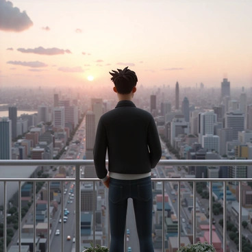 A human figure, standing on a high-rise balcony, is gazing out over a sprawling cityscape. The figure is dressed in a fitted black jacket and dark jeans. The balcony is adorned with a few potted plants. Below, the city is filled with a mix of modern skyscrapers and older buildings, with streets bustling with tiny cars. The sky is painted with a gradient of colors as the sun sets on the horizon, casting a warm glow over the scene. The figure's hair is gently blowing in the breeze, adding a sense of movement to the stillness of the moment.