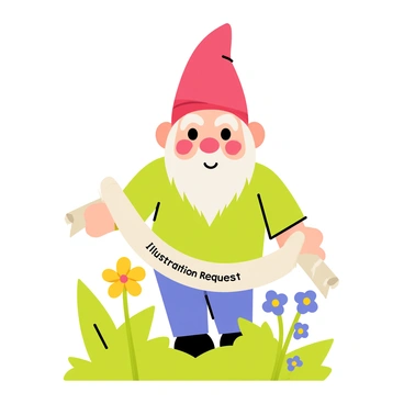 A garden gnome with a red pointed hat stands in a vibrant green garden. The gnome has a white beard and rosy cheeks. He is holding a tiny proclamation scroll in his hands, and the scroll has the words "Illustration Request" written in clear, bold letters. Surrounding the gnome are colorful flowers, including yellow daisies and blue forget-me-nots, along with lush green leaves and patches of soft grass. The sunlight casts a warm glow over the scene, highlighting the gnome's cheerful expression.