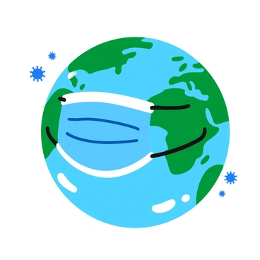 A globe with detailed continents and oceans, wearing a blue surgical mask that covers its equator. The mask is positioned snugly, emphasizing the globe's shape. The continents are illustrated in vibrant colors, with green for landmasses and blue for water, while the mask adds a contrasting element in the foreground. There are small icons of viruses scattered around the globe, signifying the pandemic's reach. The overall composition highlights the globe's expression, conveying a sense of awareness and concern regarding global health.
