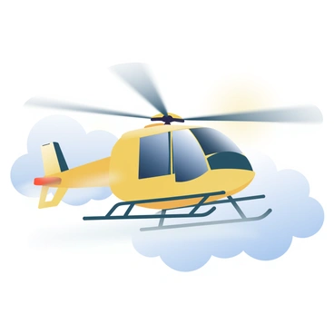 A KMAX helicopter with a distinctive yellow and black color scheme is flying through a thick, foggy morning sky. The rotors are spinning rapidly, creating a sense of movement. The helicopter is captured in mid-flight, with mist swirling around it. Soft gray clouds obscure the background, adding to the foggy atmosphere, while hints of light break through the clouds, illuminating the helicopter. The overall scene conveys a sense of early morning flight in low visibility conditions.