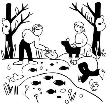Elves with pointed ears are interacting with various friendly forest animals near a sparkling stream. One elf, wearing a flowing cloak, is gently petting a small squirrel, while another elf is kneeling beside the water, watching colorful fish swim. Nearby, a rabbit hops playfully, and a deer grazes peacefully. The stream is surrounded by lush vegetation, with tall trees providing shade and a few wildflowers dotting the area. The scene is lively with the elves sharing a harmonious moment with the animals.