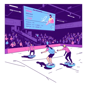 A large arena filled with bright lights and a sleek, modern design is hosting a futuristic sport. Players in colorful hover gear glide effortlessly across the smooth, polished floor, showcasing agility and speed as they maneuver around each other. Their hover gear emits soft glows that add to the vibrant atmosphere. Above them, a large digital scoreboard displays scores and player statistics in real-time, with animated graphics making it more dynamic. Spectators in the stands are cheering, captivated by the high-energy competition unfolding before them. The arena is buzzing with excitement and anticipation.