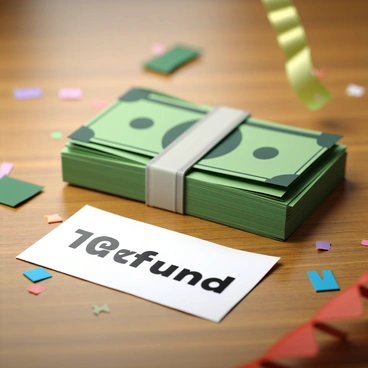 A stack of cash with a document labeled 'Tax Refund' in a celebratory setting