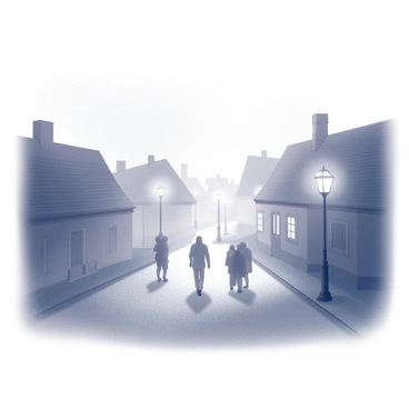 A small village is shrouded in thick fog, creating a sense of mystery. The outlines of quaint houses can be seen, with rooftops barely visible. Silhouettes of people are moving cautiously through the fog, their forms blurred and indistinct. Some figures are huddled together, while others appear to be alone, all navigating the obscured path. Streetlamps stand dimly, their light struggling to penetrate the mist, casting soft glows in various directions. The overall atmosphere suggests a quiet, eerie ambiance within the village.