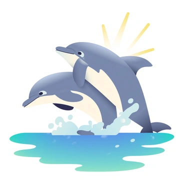 A pair of dolphins with sleek, gray bodies are leaping out of vibrant blue ocean waves. One dolphin is slightly higher than the other, creating a dynamic sense of movement. The water splashes around them, with white foam accentuating their graceful arcs. The dolphins are positioned close together, appearing to be intertwined in a playful embrace, showcasing their strong tails and streamlined forms. Sunlight reflects off the water surface, creating glimmers that highlight their joyful expressions. The background features a gentle gradient of the ocean, transitioning from deep blue to lighter turquoise as it approaches the shore.
