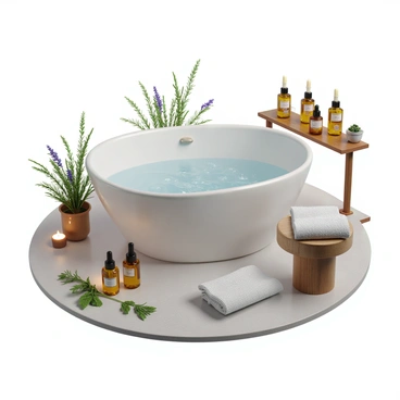 A bathroom setting featuring a large, elegant bathtub filled with water, surrounded by various aromatic oils and herbs. The oils are in small glass bottles, each with a label, arranged neatly on a wooden shelf nearby. Fresh herbs such as lavender, rosemary, and mint are placed on the edge of the tub and scattered around the scene. Soft candlelight illuminates the room, reflecting off the water's surface, which shimmers gently. The atmosphere feels calm and inviting. A few fluffy towels are neatly folded on a stool next to the tub, completing the serene setting.