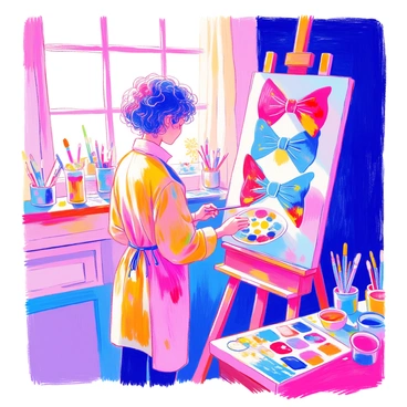 An artist painting a large canvas with a bow tie pattern