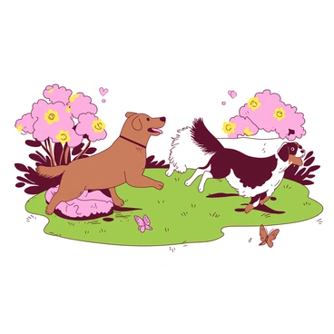 A group of playful dogs of various breeds is frolicking in a park. There are a brown Labrador, a white fluffy Samoyed, and a black-and-tan Beagle among them. The dogs are running energetically and jumping around, with their tails wagging happily. Surrounding them are vibrant blooming flowers in shades of pink and yellow, adding color to the scene. The grass is lush and green, providing a soft surface for the dogs to play on. A few small butterflies flutter nearby, contributing to the lively atmosphere.