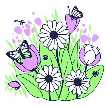 A t-shirt illustration features a vibrant garden filled with various blooming flowers. In the foreground, there are large flowers with intricate petals, including daisies and tulips, surrounded by lush green leaves. Among the flowers, several butterflies are fluttering about, with detailed wing patterns visible. The background includes a subtle gradient of plant life, enhancing the depth of the garden scene. A small ladybug is perched on one of the leaves, adding a touch of whimsy to the composition.