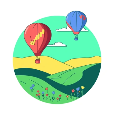 A red hot air balloon with a yellow pattern is floating gracefully above a series of rolling hills that are lush and green. In the distance, another blue hot air balloon with orange accents is soaring, creating a sense of depth in the scene. The sky is painted with a vibrant gradient, transitioning from deep teal at the top to bright yellow near the horizon. Patches of colorful wildflowers bloom on the hills, adding splashes of color to the landscape below the balloons.