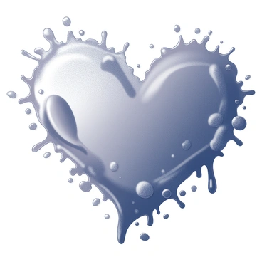 A heart-shaped splatter of paint on a canvas. The splatter features an abstract arrangement of paint drips and blobs, creating an impression of flowing colors. The canvas has a clean, white background that contrasts with the heart shape. The edges of the heart are irregular, suggesting a spontaneous and energetic application of paint.