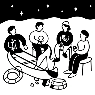 A group of canoers sitting around a campfire, with flames dancing and smoke rising into the air. The canoers are holding paddles and mugs, engaged in conversation while a canoe rests nearby on the ground. Sticks with marshmallows roasting over the fire are visible, and shadows cast by the flames create an atmosphere of camaraderie. A stack of life jackets lies next to the canoe, and the night sky is dotted with stars above the gathering.
