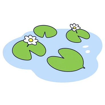 Lily pads gently floating on the surface of clear pond water. The pads are bright green with slightly curved edges, and they have smooth, glossy textures. Some lily pads have small white and yellow flowers blooming on top, adding a touch of color. The water reflects the pads, creating soft ripples around them.