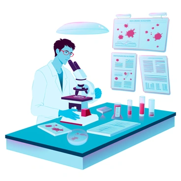 A scientist with short brown hair and glasses is standing at a laboratory table wearing a white lab coat and blue gloves. He is closely examining various blood splatter patterns on a transparent slide under a microscope. The table is cluttered with lab equipment, including test tubes, a pipette, and a digital tablet displaying data. A bright overhead light illuminates the scene, casting shadows on the surface of the table. Various charts and diagrams related to blood analysis are pinned to a nearby wall.
