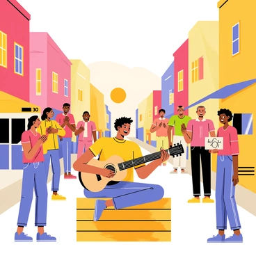 A man with short brown hair is sitting on a wooden crate in the middle of a bustling city street. He is playing an acoustic guitar, creating vibrant melodies. Around him, a small crowd of diverse individuals is gathered, showing expressions of joy and appreciation for the music. Some are clapping their hands, while others are swaying gently to the rhythm. Nearby, a yellow taxi is parked, and colorful buildings with large windows frame the scene, adding to the lively atmosphere. The sun is setting, casting a warm orange glow across the street, creating a welcoming environment.