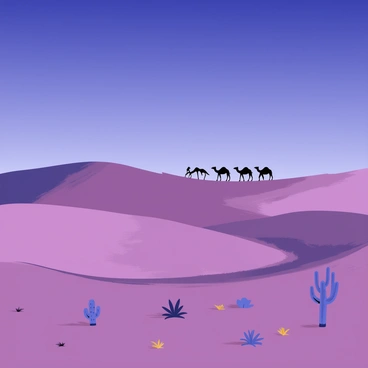A vast desert landscape stretches out beneath a dusky sky, painted in hues of deep blue and soft purple. The sand dunes are gently rolling, creating a sense of undulating waves. In the distance, several silhouettes of camels are visible, their distinct humps outlined against the fading light. A sparse arrangement of cacti and small desert shrubs can be seen scattered across the foreground, adding to the arid atmosphere. The overall scene conveys a tranquil and expansive view of the desert at dusk.