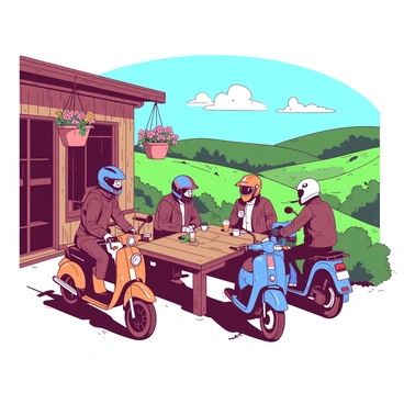 A group of four motorcyclists is seated at a wooden table outside a rustic countryside cafe. They are wearing colorful helmets and leather jackets, with two motorcycles parked nearby, one orange and one blue. The cafe has a charming exterior made of weathered wood, adorned with hanging flower baskets filled with vibrant blossoms. In the background, rolling green hills stretch into the distance, dotted with patches of wildflowers. A clear blue sky is overhead, with a few fluffy white clouds drifting by. The motorcyclists are enjoying drinks, with one person laughing while the others share stories, creating a lively atmosphere.