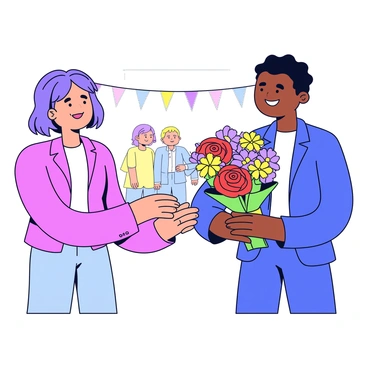 A community volunteer stands smiling, receiving a bouquet of colorful flowers. The bouquet consists of vibrant red roses, sunny yellow daisies, and delicate purple pansies, tied together with a green ribbon. The person presenting the flowers has a grateful expression and extends the bouquet towards the volunteer. In the background, there are hints of a community event, with people gathered and decorations visible.