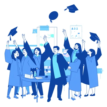 A group of students wearing blue caps and gowns stands together in a joyful pose at a graduation ceremony. Each student is holding their hat above their heads, ready to throw them into the air. The students are positioned in a semicircle, with smiles on their faces, celebrating their achievement. In the background, there are colorful banners and decorated tables, adding to the festive atmosphere. As they release the hats, they soar high above the students, capturing the essence of the moment.