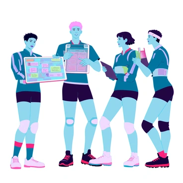 A volleyball coach drawing strategies on a clipboard with players gathered around