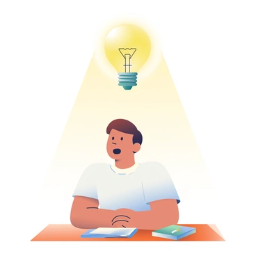 A lightbulb with a shiny, clear glass exterior is glowing brightly directly above a person's head. The light emitted from the bulb creates a warm yellow aura around it. The person has short brown hair and is looking up with a surprised expression. They are wearing a white shirt and are seated at a wooden table cluttered with papers and a notebook. The background is softly blurred to emphasize the illuminated lightbulb and the person's thoughtful gaze.