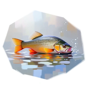 A walleye with mottled green and gold scales is swimming just below the surface of a lake. The fish is gracefully moving through a cascade of raindrops, which create ripples that spread across the water's surface. Each droplet strikes the lake, forming small concentric circles around the fish. The surrounding water is a mix of deep blues and greens, reflecting the overcast sky above. The scene captures the dynamic interaction between the aquatic life and the rain, highlighting the walleye's streamlined form as it navigates through the water.